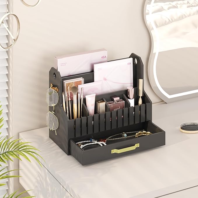 Bamboo Mail Organizer Countertop with Drawers, Wood Desk File Organizer Desktop Paper Organization Storage Bill & Letter Sorter Holder for School Home Office Supplies, No Assembly Required (Black)