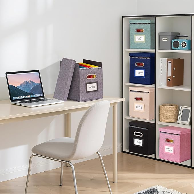 4 Pack Hanging File Folders Organizer with Lid, Letter Size Fabric File Storage Box Collapsible, Portable Office Document Holder with Metal Handle, Smooth PVC Rails, Black