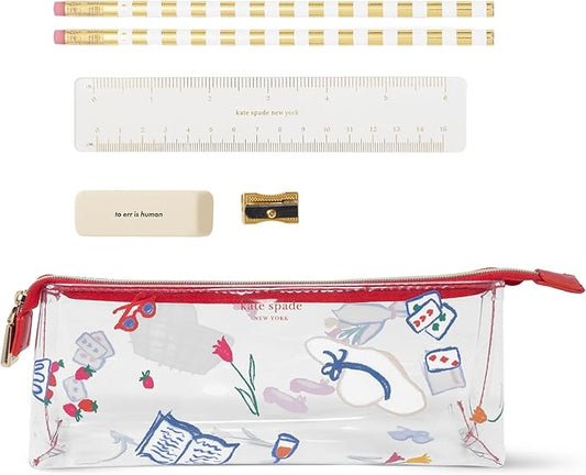 kate spade new york Clear Pen and Pencil Case for Women, Cute Work Stationery, PVC Zip Pouch Includes 2 Pencils, Sharpener, Eraser, and Ruler (Park Picnic)