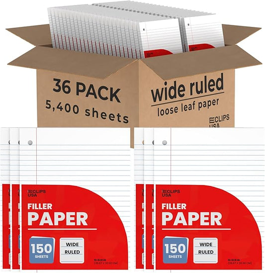 Wide Ruled Notebook Paper, Loose Leaf Paper, 10.5” x 8” Reinforced Paper, 65 gsm, 5400 Sheets (36 Pack)