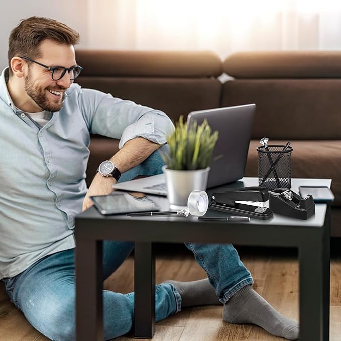 13 in 1 Black Desk Accessories, Black Office Supplies for Men Wome with Stapler and Tape Dispenser Set, Tape, 1000 Staples, Staple Remover, Scissors, Pen, Pen Holder, Tabs, Ruler, Clips Set