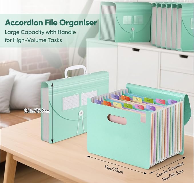 13 Pockets Accordion Filing Organizer,Wheat Straw Expanding File Folder with Handle & Labels,Monthly Paper Bill Receipt Organizer,A4/Letter Size Document Storage for School College Home Office