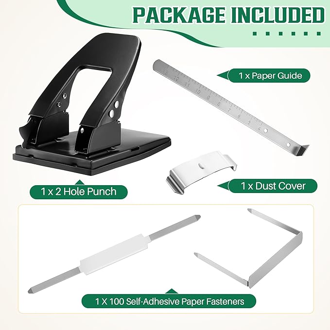 Dreyoo 2 Hole Punch with 100 Self Adhesive Prong Paper Fasteners, 2 Hole Paper Puncher for File Folder and Metal File Fasteners Combo Set, 30 Sheet Capacity, 2.75 Inch Center Paper Fasteners