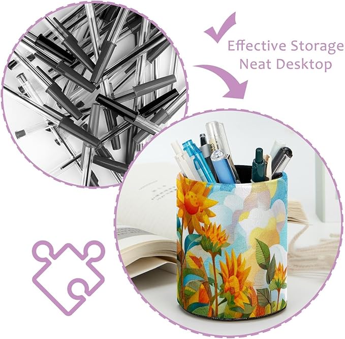 Watercolor Art Sunflower PVC Leather Circular Pencil Holder for Desk Organizer Stationery Holder for Office, School(3.9 x 3.1 Inches)
