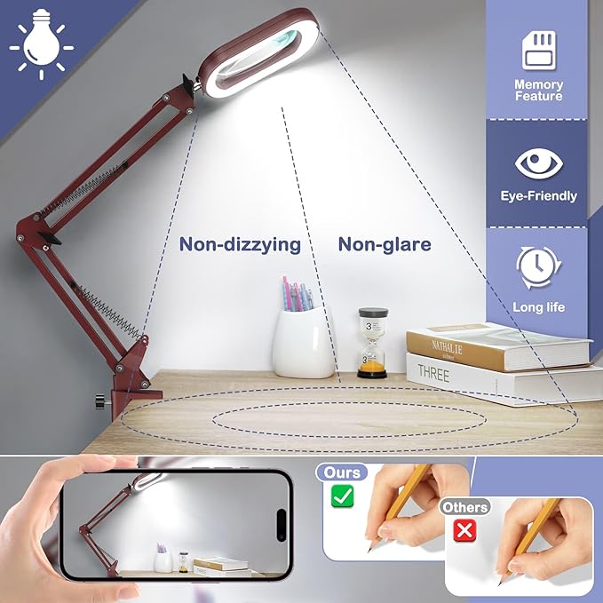 10X Square Magnifying Glass with Light and Stand, Real Glass LED Lighted Magnifier, 5 Color Modes Stepless Dimmable, Hands-Free Mag Desk Lamp with Clamp for Reading Craft Hobby Close Work - Red