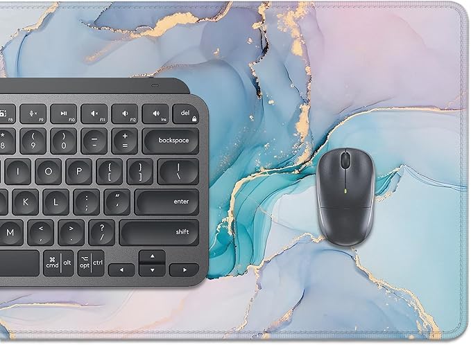 Cyan Blue Marble Desk Pad Mouse Pad,Large XL Mouse Mat with Stitched Edges,Non-Slip Rubber Base Mousepad for Office PC Keyboard Laptop and Home Work Desk Mat(27.5X11.8 in)