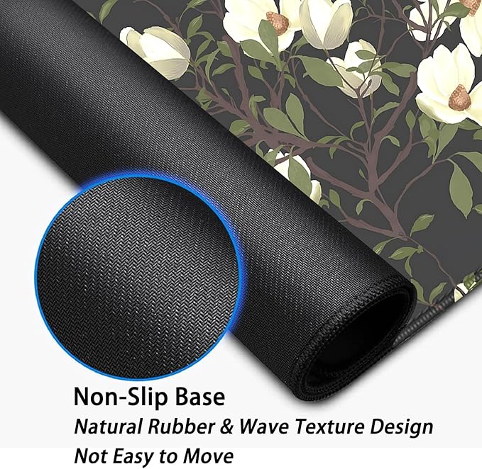 Magnolia Flowers Desk Pad Mouse Pad,Large Floral Mouse Mat with Stitched Edges,Non-Slip Rubber Base Black Mousepad for Office PC Keyboard Laptop and Home Work Desk Mat(27.5X11.8 in)