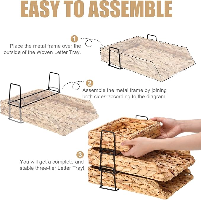 Geelin 3 Pack Woven Water Hyacinth Stackable Desk Organizer Letter Tray, Tabletop Desk Basket for Storage Paper Letter Folders Notebooks Copy Print, Workspace Holder, Keep Stationery Saver