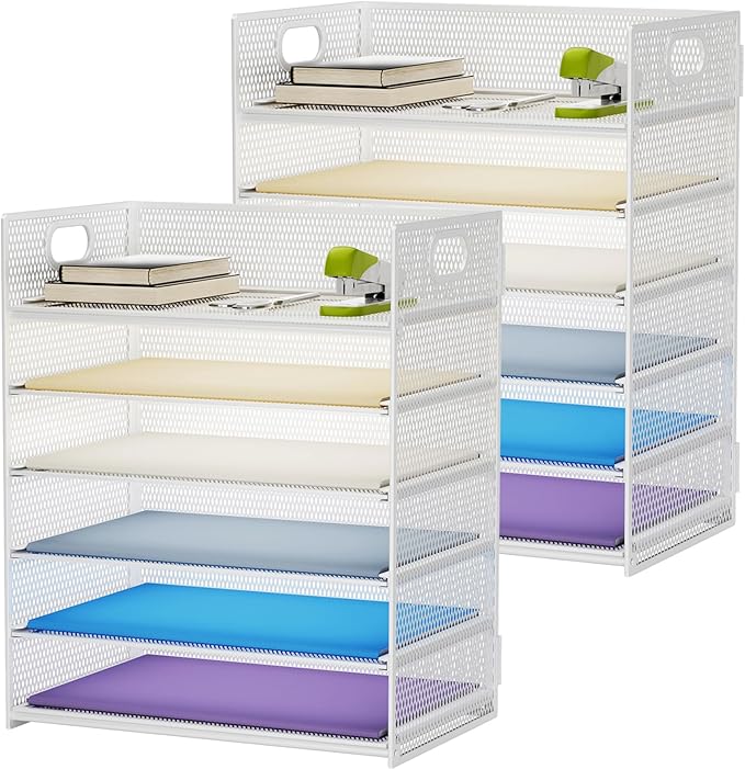 Marbrasse 2 Pack Desk Organizer with Handle, 6 Tier Paper Letter Tray, Mesh Desk File Organizer for Office, School and Home - Whtie