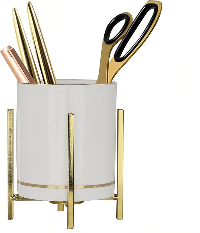 Gold Pen Holder for Desk Aesthetic, Ceramic Pencil Cup with Metal Legs, Makeup Cup for Brushes, Desk Decor for Women Girls