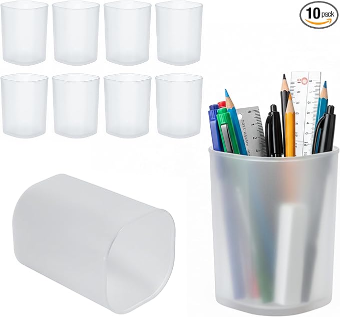 Pack of 10 - Clear Pencil Cups for Classroom | Transparent Plastic Pen Holder Desk Cup & Toothbrush Organizer | Desks Accessories Pen Cups for Pens