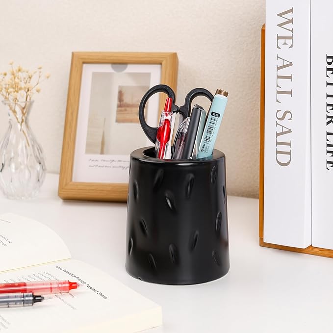 Ceramic Pen Holder for Desk, Makeup Brush Holder, Pencil Holder Stand, Pencil Cup Pot with Raindrop Design, Dual Use Desktop Organizer for Office, Home, School, Vanity