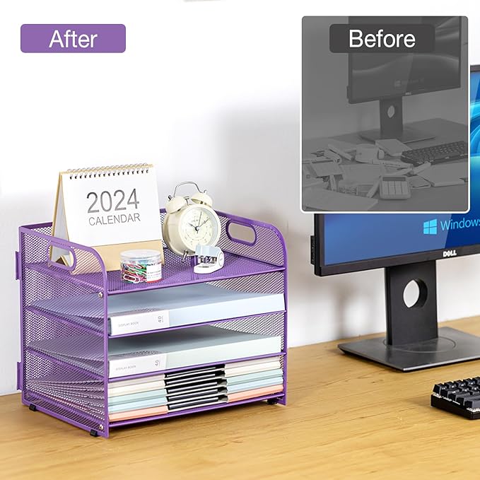 4-Tier Desk Organizer Paper Tray, Desk File Organizer with Handle, Mesh Desk Organizer Letter File Stackable Trays for Home Office Supplies and Accessories - Purple