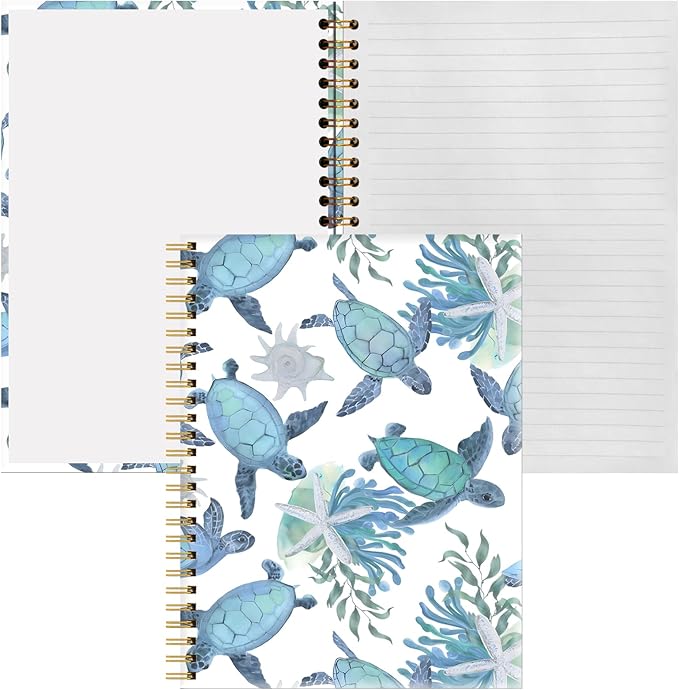 Spiral Notebook A5, Hardcover Journal for Women, 120 Pages Thick College Ruled Paper, Perfect for Office, School, or Home Use(Turtles and Starfish)
