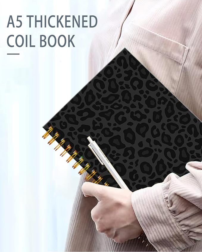 iampanda Spiral Journal Notebook,Strong Twin-Wire Binding with Premium Paper for Girl Women,Cool Cheetah 60 Sheets A5 College Ruled Notebook/Journal,Perfect for School Office Home Gifts,Black Leopard