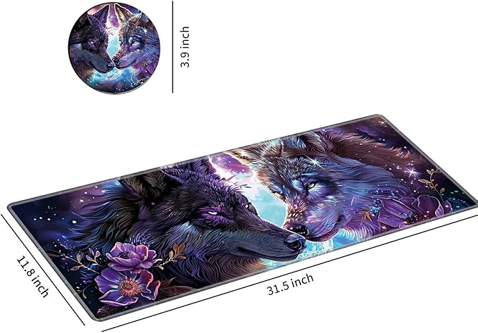 Desk Mat Large Gaming Mouse Pad (31.5x11.8 inch) with Stitched Edges, XL Mouse Pad +Coaster, Extended Mouse Mat Keybroad Mousepad Non-Slip Rubber for Gamer Men Women, Purple Magic Wolfs
