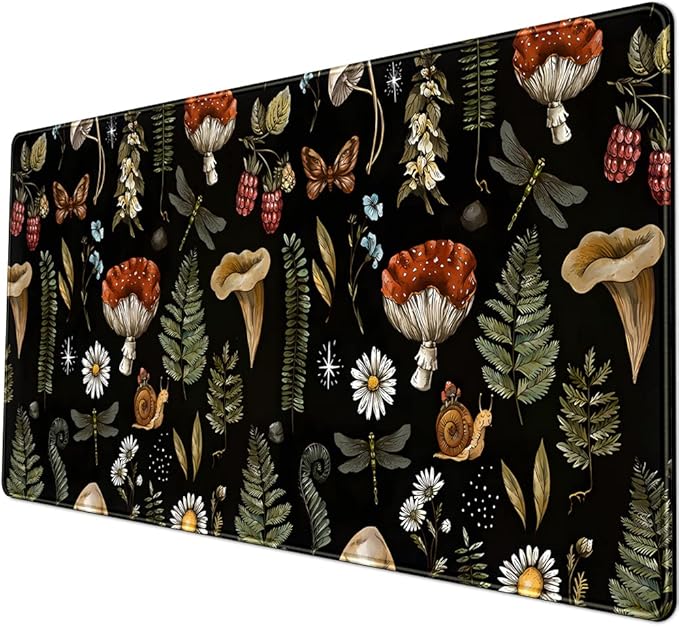Black Mouse Pad Cottage Core Aesthetic Mouse Pads Mushroom Desk Pad Vintage Mouse Pad Forest Magic Nature Large Desk Pad Ergonomic Mouse Pads with Stitched Edges Non-Slip Computer Mat 31.5x15.7 in