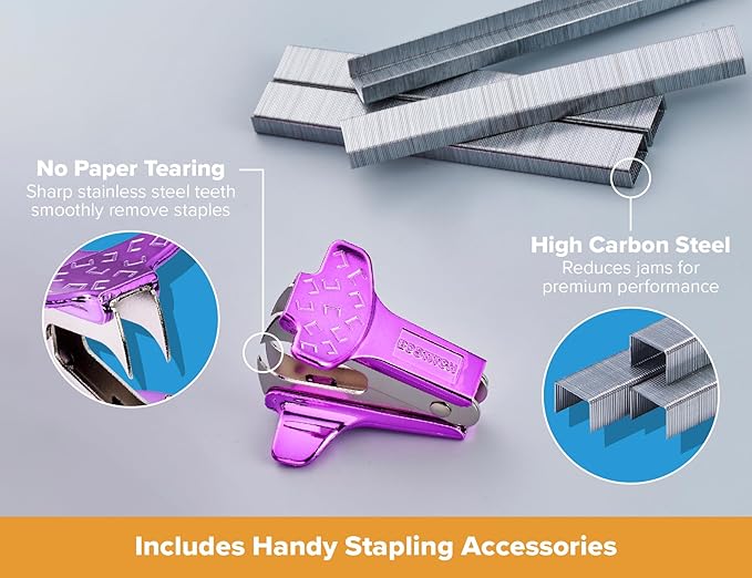 Bostitch Office Heavy Duty 40 Sheet Stapler with 1250 Staples & Claw Remover, Small Stapler Size, Fits into The Palm of Your Hand, Value Pack, Metallic Purple (B175-PURPLEM-VP)