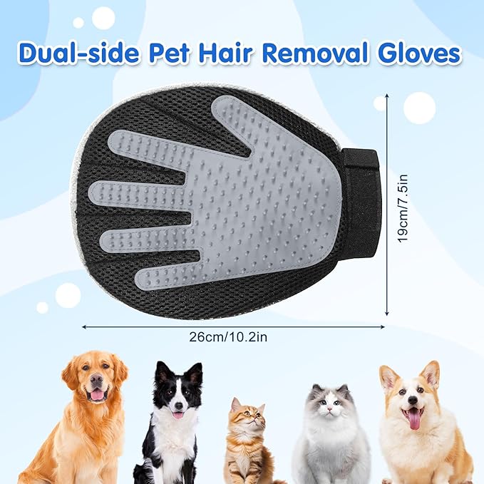 Pawaboo Dual-Side Pet Hair Removal Glove for Dogs and Cats, Reusable Electrostatic Hair Removal & Silicone Fur Brush, Pet Fur Grooming Glove for Carpet Couch Clothes