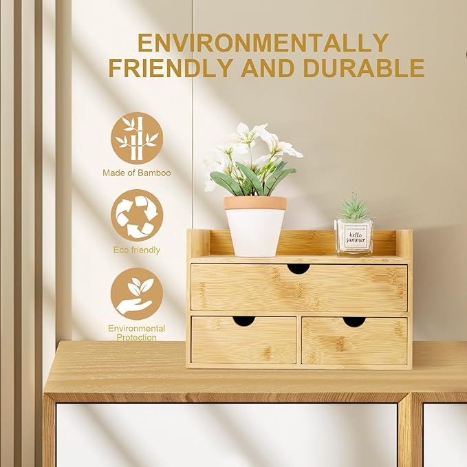 Bamboo Desk Organizer With Drawers Countertop Drawers 3 Drawers Counter Storage Box Corner Desk Organizer for Home Office No Assembly Required