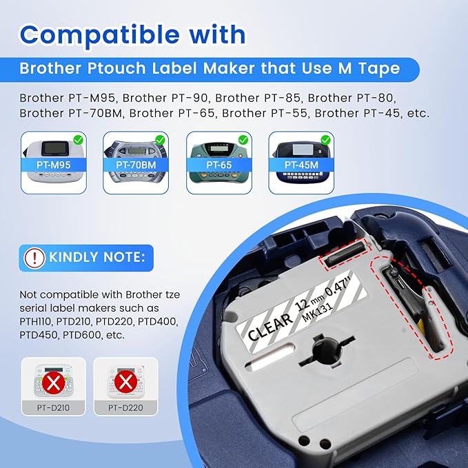 Labelife M-K131 Label Tape Clear Compatible with Brother P Touch M Tape Clear 12mm 0.47'' M-K131s M131 MK131 Work with Brother PT-M95 PT-65 PT-45 PT-90 PT70BM Label Maker Refills, 4-Pack