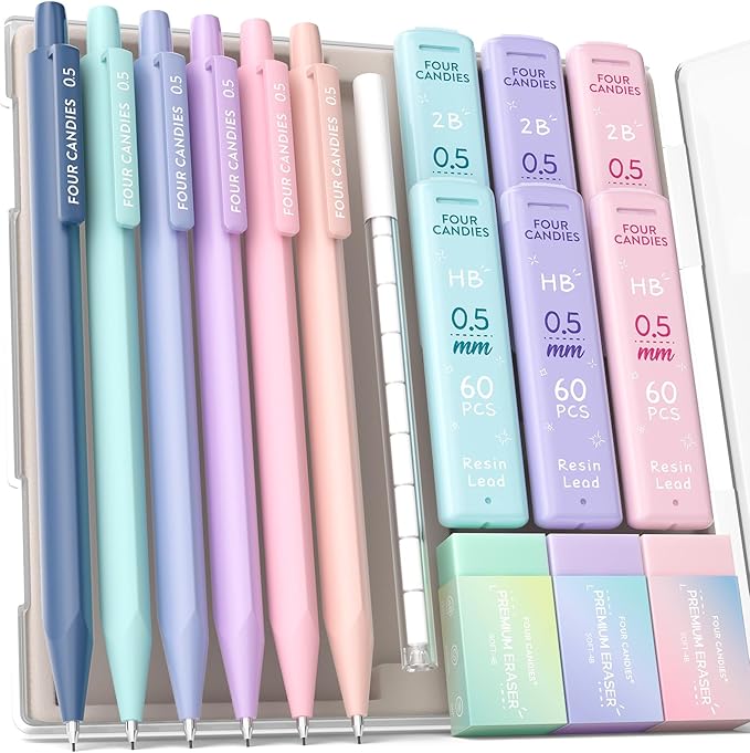 Four Candies Mechanical Pencils 0.5, with HB & 2B Lead Refills 0.5mm, Pastel Eraser Set & Eraser Refills, 16-Count Pack with Case, Cute Aesthetic School Supplies for Writing, Drawing and Drafting