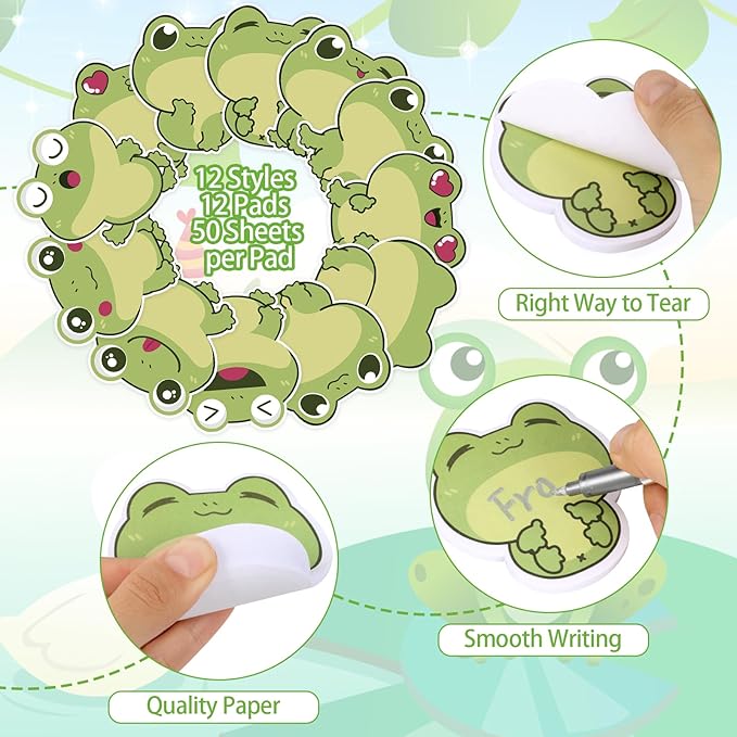 600Pcs Frog Sticky Notes, Cute Cartoon Frog Self-Stick Note Pads Kawaii Frog Theme Sticky Notes Animal Memo Pads Frog Notepad for Frog Lovers Birthday Students Office School Supplies
