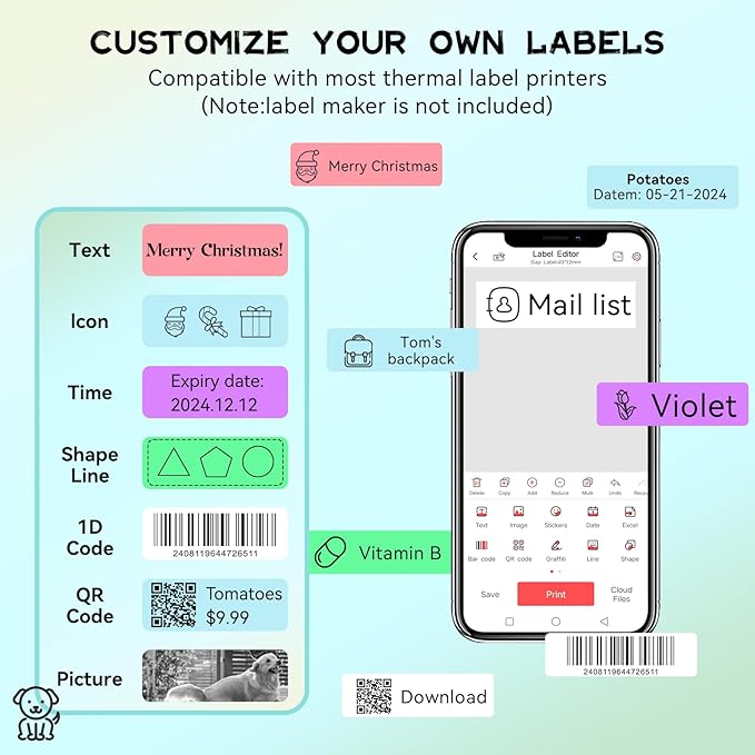 EEBBL D30 P21 Label Maker Tape Refill 12mm×40mm(0.47"x1.57") Sticker, Laminated Thermal Label Tape Replacement, 1650 Labels/10Rolls, High Definition Labeling Tape for Home Office School Hotel