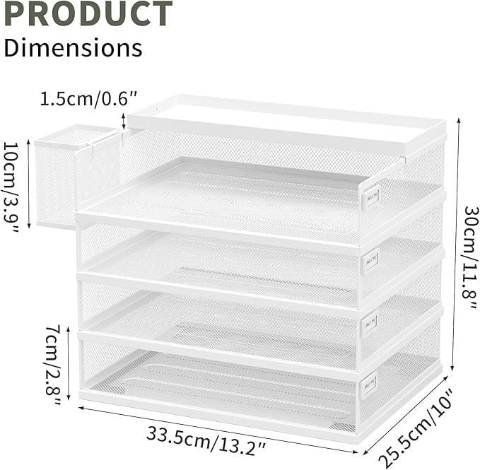 Metal Stackable Letter Trays, 4-Tier Desk Organizer & Paper Trays for Office, Stackable File & Document Tray with Magnetic Labels,White