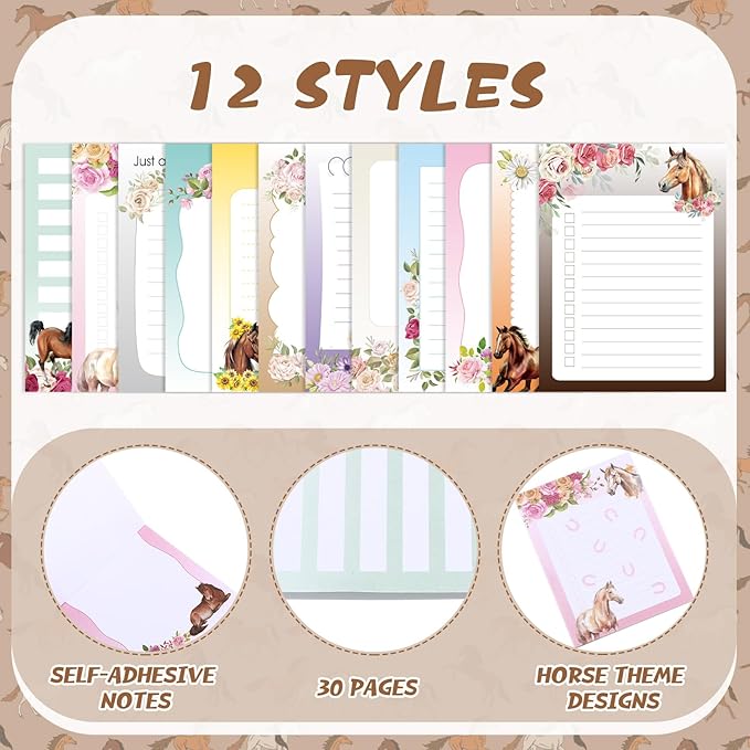 24 Pcs Horse Sticky Notes with Pens Themed Party Favors Gifts Cute Notepad Memo Notes Pads Black Ink Ballpoint Pen for Horse Lover Christmas Gifts Office School Students Teacher Supplies