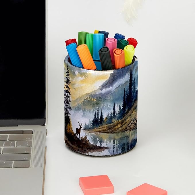 Watercolor Mountain Deer PVC Leather Circular Pencil Holder for Desk Organizer Stationery Holder for Office, School(3.9 x 3.1 Inches)