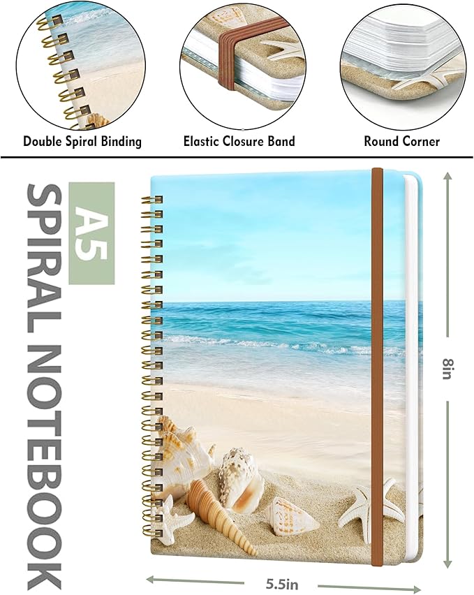 Spiral Journal Notebook for Women, Hardcover A5 College Ruled Notebook, 60 Sheet, Thick Paper, Cute Lined Journal for School, Office & Work, 6 x 8.4 in(Beach)