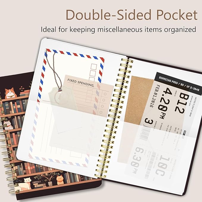 Cute Spiral Notebook journal A5 Aesthetic Pretty Floral Design for Women Girls Kawaii with Pocket, 8.5 x 5.7 inch, Cat