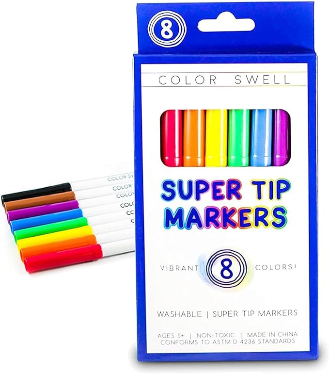 Color Swell 8-Pack Super Tip Markers – Washable, Non-Toxic, Ideal for Kids, Students, Adults, and Classroom Activities