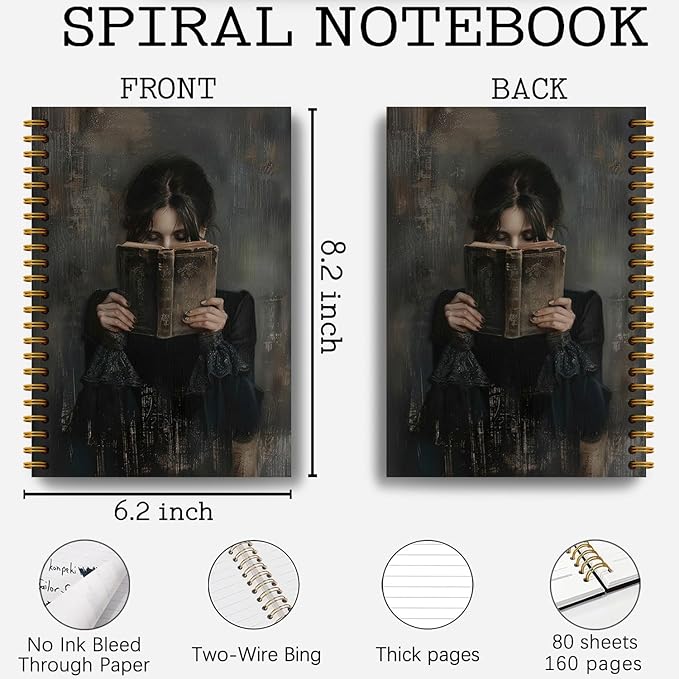 Dark Academia Woman Reading Notebook Journal, Gifts for Readers Book Lovers Women, Reading Journal for Book Lover, Moody Gothic Bookish Hardcover Spiral Notebooks 5.5x8.3 Inch