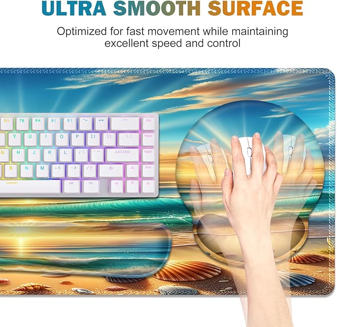 Gaming Mouse Pad, Large Desk Mat, Cute Desk Pad Protector, 4in1 XXL Mousepad + Keyboard Wrist Rest+Mouse Wrist Rest+Coaster Set with Ergonomic Desk Pad for Home Office Computer, Beach Sun Shell
