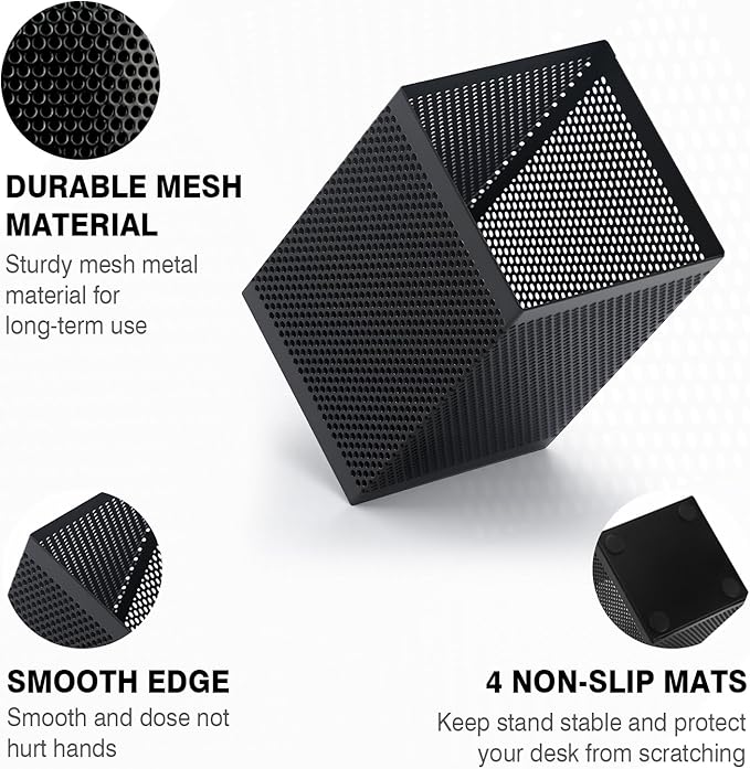 Comix Mesh Pen Holder Desk, Wire Pencil Holder with Foam Pad and Non-Slip Bottom Office Supplies Desk Organizer for Home Office School, 1 Pack