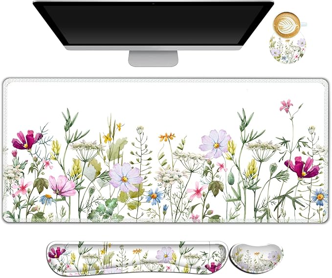 ARTSO Gaming Mouse Pad Wrist Support Set, XXL Large Desk Mat Mousepad + Keyboard Wrist Support+ Mouse Wrist Rest+Coaster 4in1 Ergonomic, Memory Foam for Home Office -White Flowers Plants
