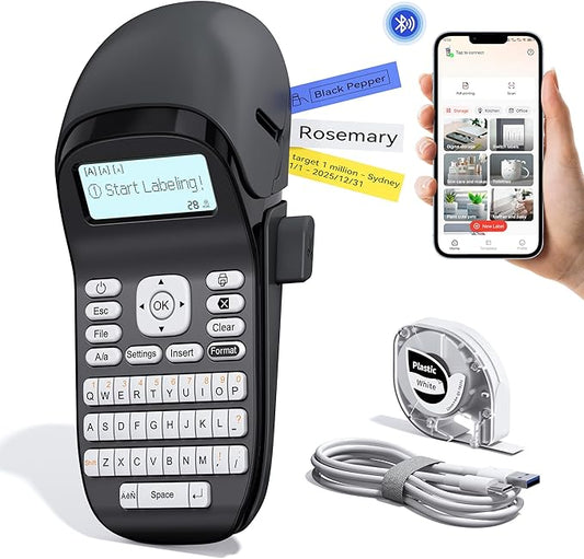 Bluetooth Label Maker Machine with-Tape, Label Maker with Keyboard Multiple Fonts & Icons, LT12 Rechargeable Labeler Portable Handheld Label Makers Waterproof-Labels for Home Kitchen Office School