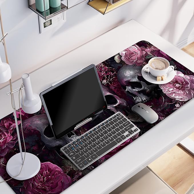 Gothic Skulls and Roses Artistic Mouse Pad – 31.5" x 11.8" Large Extended Desk Mat with Dark Floral Design – Perfect for Gothic, Victorian, and Alternative Aesthetics