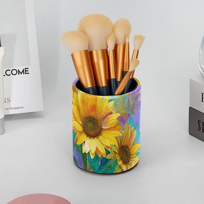 Watercolor Art Sunflower Circular Pen Holder, Pen Cup Makeup Brush Holder, Design for School, Home and Stationary Supplies (3.9 x 3.1 Inches)