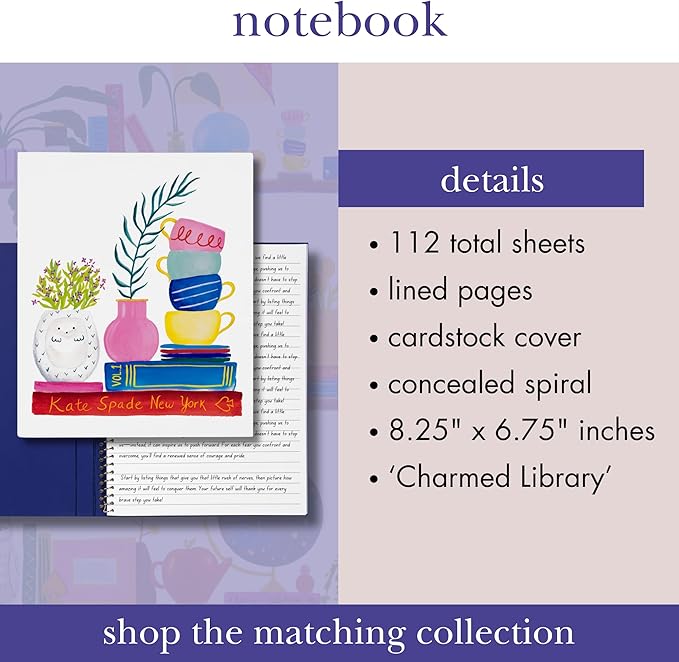 kate spade new york Small Concealed Spiral Notebook, 8.25" x 6.75" Journal Notebook with 112 Lined Pages, Charmed Library