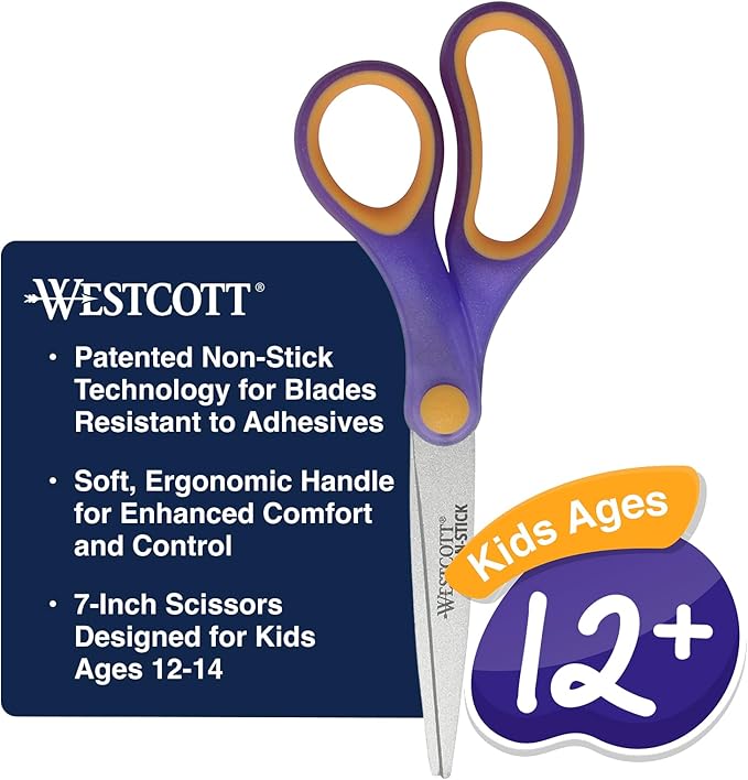 Westcott Non-Stick Student Scissors for Classroom Use, Ideal for Crafting and School Projects, Perfect for Kids Ages 12+, Back to School Supplies, 7-Inch, Assorted Colors