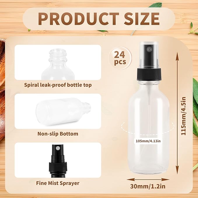 BILLIONSTARS 24 Pack 2oz Glass Boston Round Bottle with Fine Mist Sprayer - Clear - Essential Oils, Bath, Beauty, Hair & Cleaning - Leakproof Travel Bottles