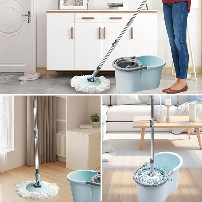 Spin Mop and Bucket Set, 360 Spin Mop and Bucket Stainless Steel,Floor Cleaning System,with 3 Replacement Heads (Blue-mini)