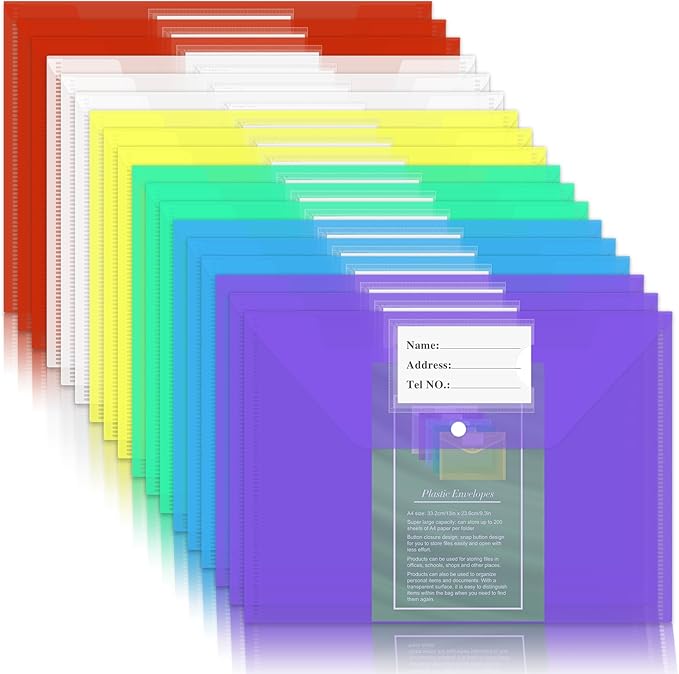 NACHLYNN 18 Pack Plastic Envelopes Plastic Folders with Snap Closure, 6 Colors A4 Size Clear File Envelopes with Label Documents Folders Organizers for Home Work Office Organization