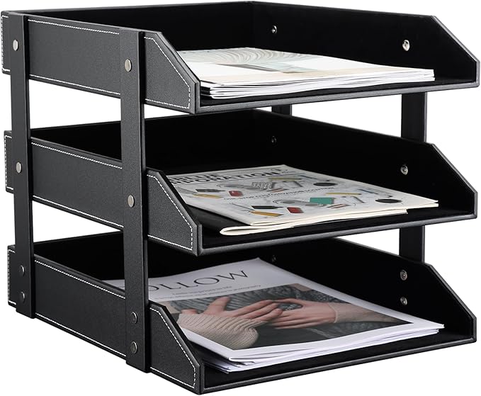 KINGFOM Letter Tray, Leather Paper Organizer Tray, Wooden Desk File Holder, Desktop File, Stackable Magazine Holder, Mail Sorter, Great for Home or Office - 3 Level Black