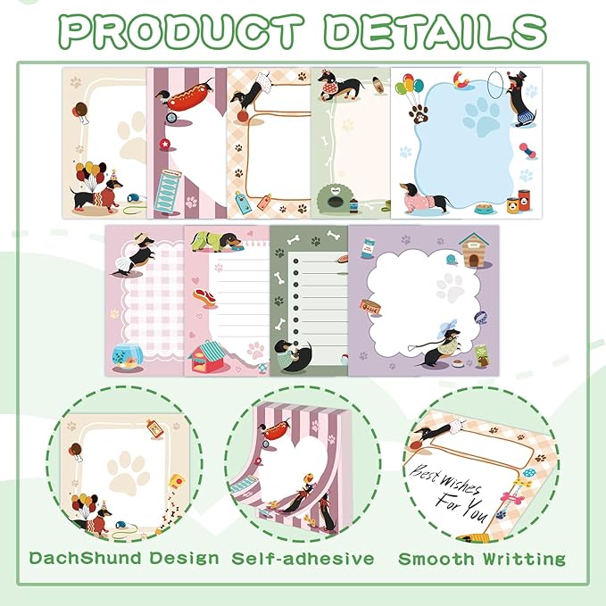 9 Pcs Cute Dachshund Notepads 3" x 3" Self-Adhesive Note Pads Fun Memo for Work Office Supplies School Home - 450 Sheets Reusable Dachshund Sticky Notes