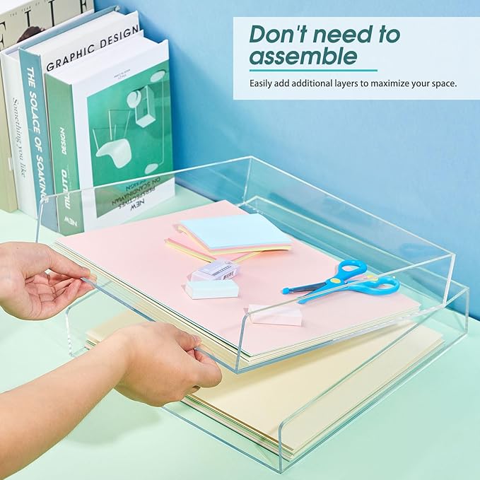 Yulejo 2 Pcs 12.4 x 12.4 x 2.36" Acrylic Desk Organizers Accessories Paper Storage Tier File Office Organizer Tray Stackable Document Clear Desk Accessories for Office Workspace Organization