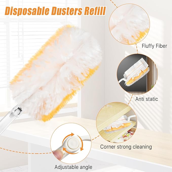 Elesunory 100 Pcs Duster Refills Bulk, Thickened Duster Refill Electrostatic Duster Head, Duster Refills for Cleaning with 2 Long Handles, 2 Short Handles, Disposable Duster Refills for Blinds(Yellow)